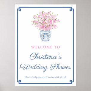 Chinoiserie Chic Pink en Navy Blue Wedding Shower Poster