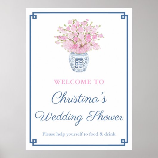 Chinoiserie Chic Pink en Navy Blue Wedding Shower Poster (Voorkant)