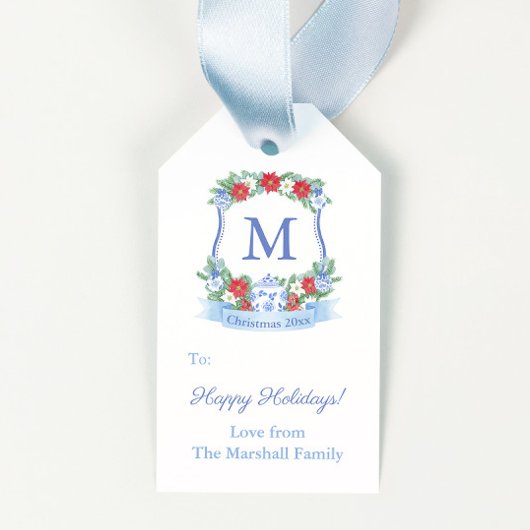 Chinoiserie Chic Poinsettia krans Vrolijk kerstfee Cadeaulabel