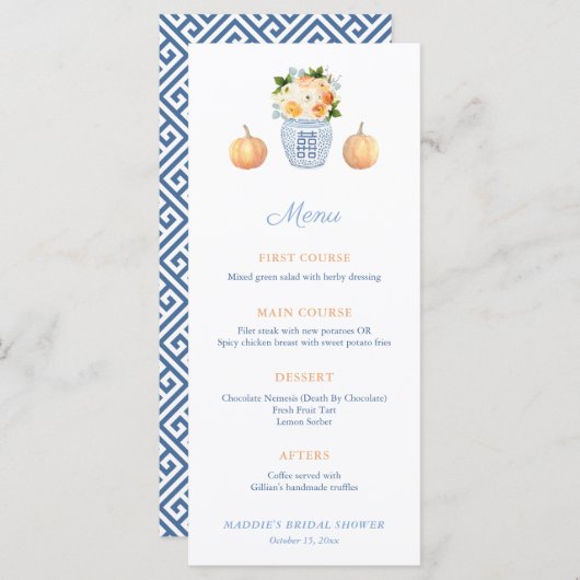 Chinoiserie Chic Pumpkin Herfst Trouwdouche Menu (Voorkant / Achterkant)