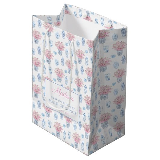 Chinoiserie Chic Roze & Blauw Bruidsmeisjes Bedank Medium Cadeauzakje (Voorkant Gekanteld)