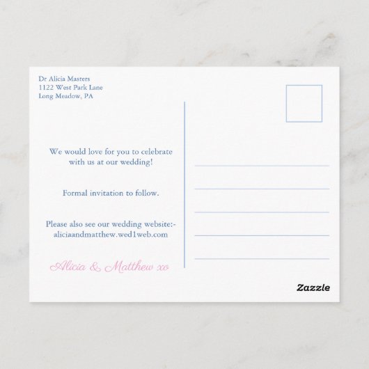 Chinoiserie Chic Roze Blauw Bruiloft Save The Date Briefkaart (Achterkant)