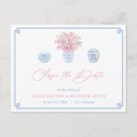 Chinoiserie Chic Roze Blauw Bruiloft Save The Date