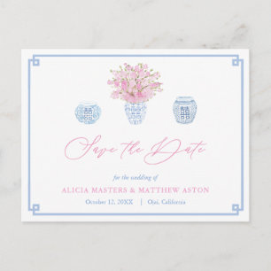 Chinoiserie Chic Roze Blauw Bruiloft Save The Date Briefkaart