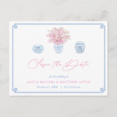 Chinoiserie Chic Roze Blauw Bruiloft Save The Date Briefkaart (Voorkant)