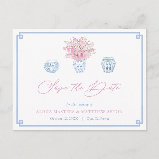 Chinoiserie Chic Roze Blauw Bruiloft Save The Date Briefkaart (Voorkant)