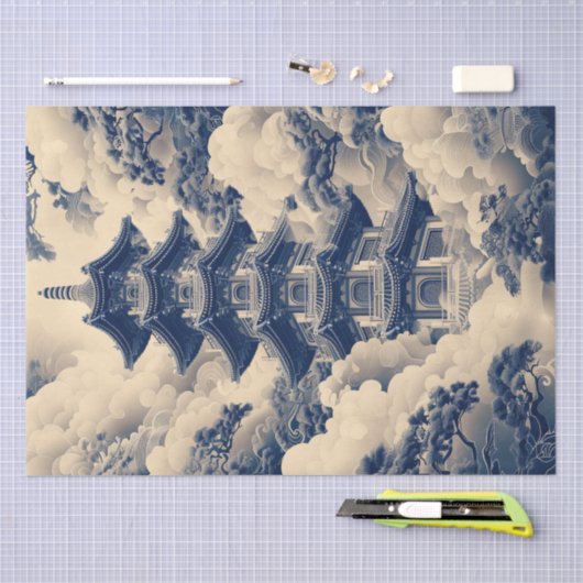 Chinoiserie Chinese Tempel Blauw Decoupage Tissuepapier (Craft)