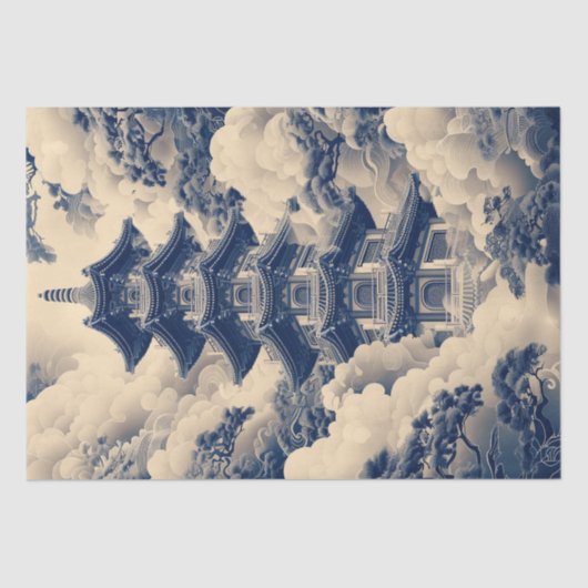 Chinoiserie Chinese Tempel Blauw Decoupage Tissuepapier (Voorkant)