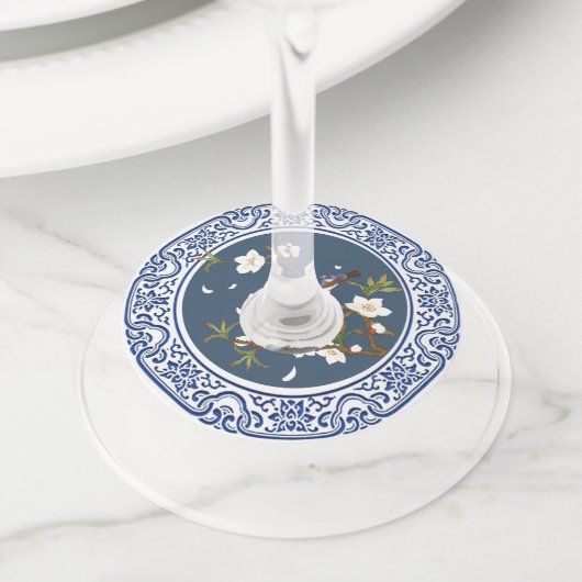 Chinoiserie Chinese Vogel-en-bloemkunst Wijnglaslabel (Dichtbij)