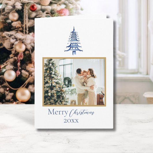 Chinoiserie Christmas Blue Pagoda 1-Foto Kaart