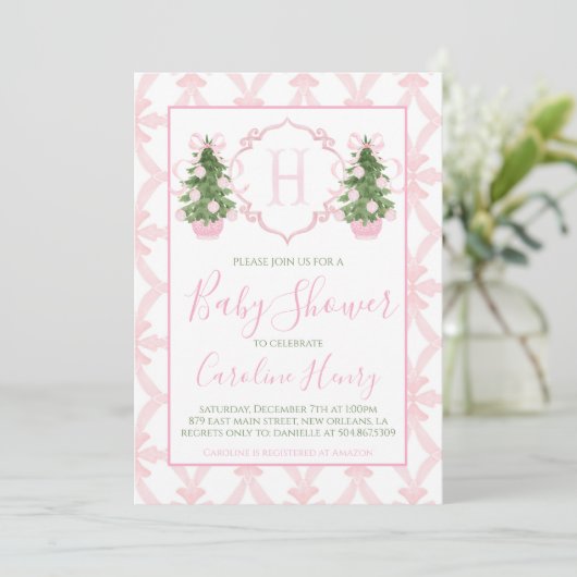 Chinoiserie Christmas Pink Preppy Baby shower Kaart (Staand voorkant)
