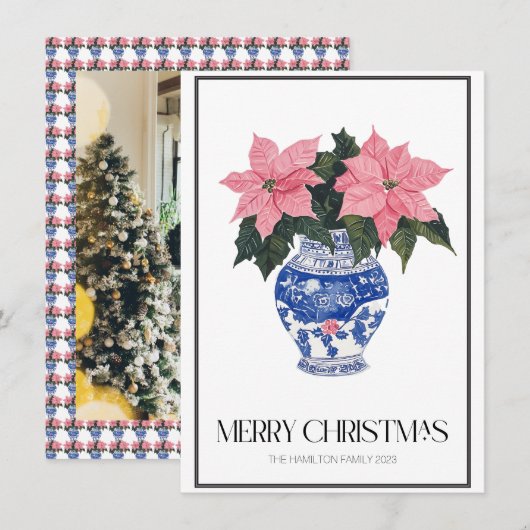 Chinoiserie Christmas Poinsettia Preppy Foto Feestdagenkaart (Voorkant / Achterkant)