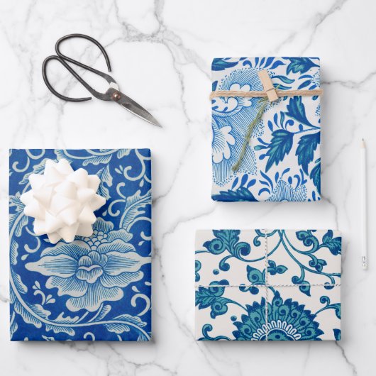 Chinoiserie Classic Chinees Bloemen Blauw Wit Inpakpapier Vel (Voorkant)