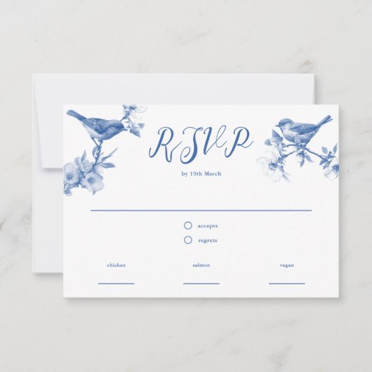 Chinoiserie Delft Blue Birds Spring RSVP kaart (Voorkant)