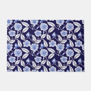 Chinoiserie Delft Blue Floral Porcelain Pattern Deurmat