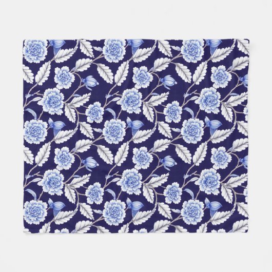 Chinoiserie Delft Blue Floral Porcelain Pattern Fleece Deken (Voorkant (Horizontaal))