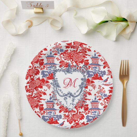  Chinoiserie Delft Frans Blauw monogram Papieren Bordje (Huwelijk)