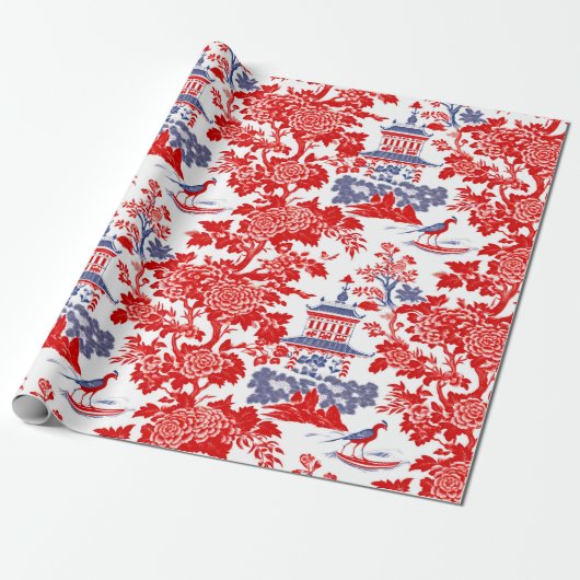  Chinoiserie Delft Frans rood blauw Cadeaupapier (Uitgerold)