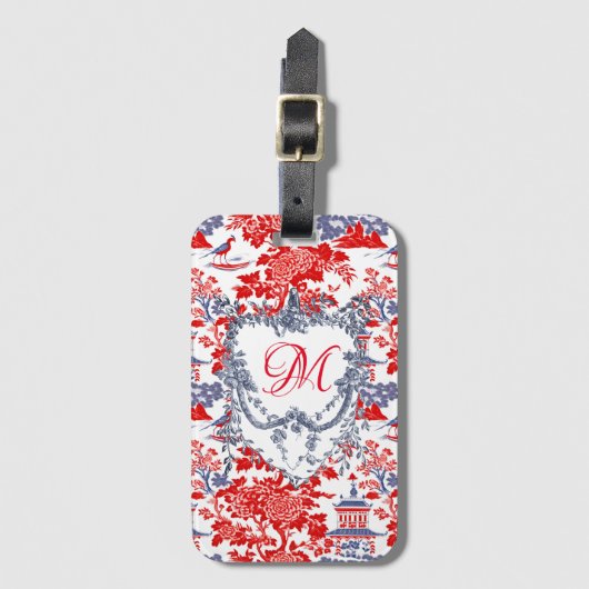 Chinoiserie Delft Frans rood blauw monogram Bagagelabel (Voorkant (verticaal))