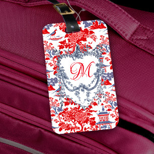  Chinoiserie Delft Frans rood blauw monogram Bagagelabel