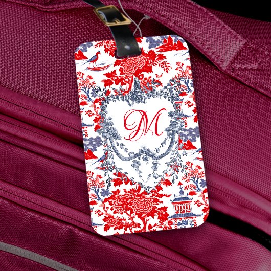 Chinoiserie Delft Frans rood blauw monogram Bagagelabel
