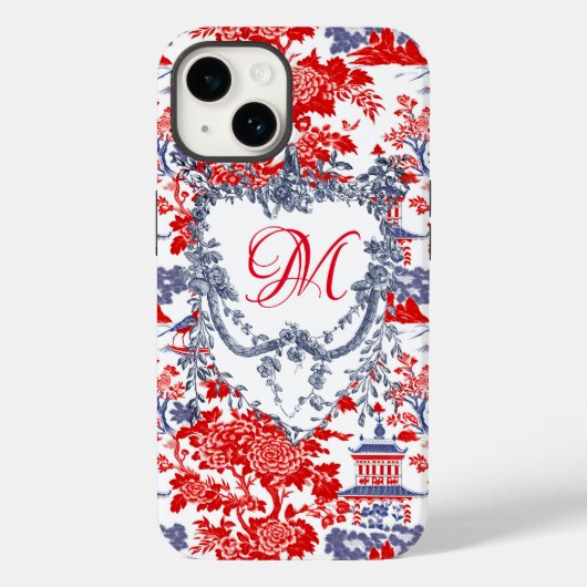 Chinoiserie Delft Frans rood blauw monogram Case-Mate iPhone Case (Achterkant)