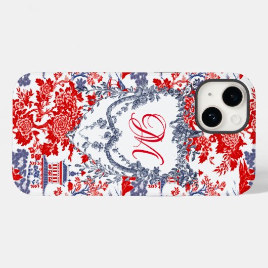 Chinoiserie Delft Frans rood blauw monogram Case-Mate iPhone Case (Achterkant (horizontaal))