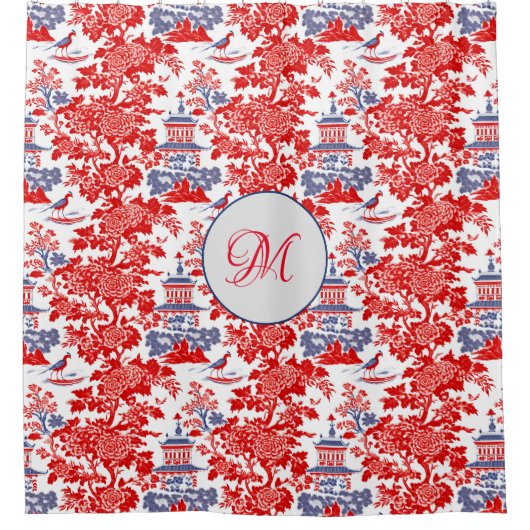  Chinoiserie Delft Frans rood blauw monogram Douchegordijn (Voorkant)