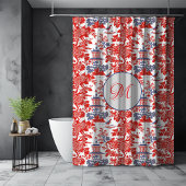  Chinoiserie Delft Frans rood blauw monogram Douchegordijn