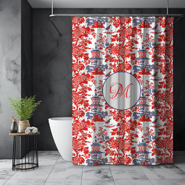  Chinoiserie Delft Frans rood blauw monogram Douchegordijn