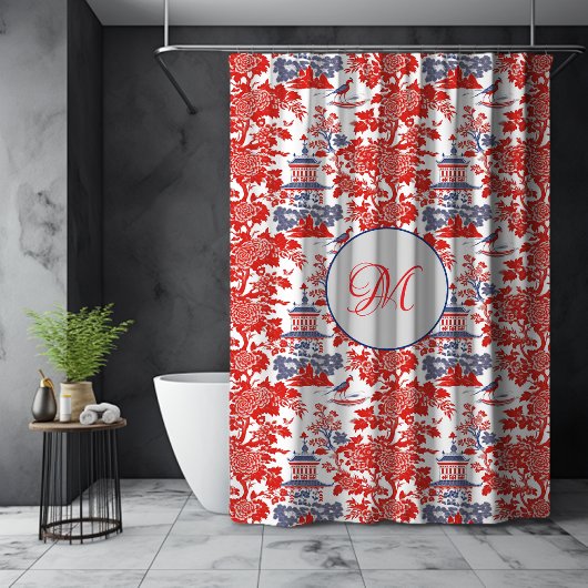  Chinoiserie Delft Frans rood blauw monogram Douchegordijn