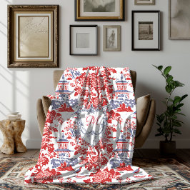  Chinoiserie Delft Frans rood blauw monogram Fleece Deken