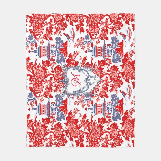 Chinoiserie Delft Frans rood blauw monogram Fleece Deken (Voorkant)