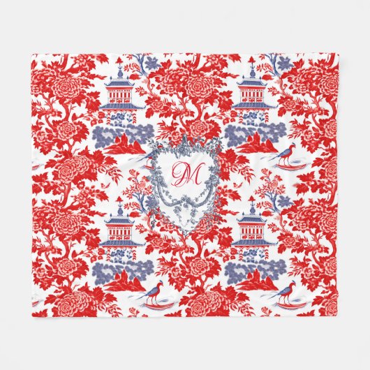 Chinoiserie Delft Frans rood blauw monogram Fleece Deken (Voorkant (Horizontaal))