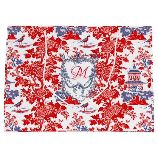  Chinoiserie Delft Frans rood blauw monogram Groot Cadeauzakje (Voorkant)