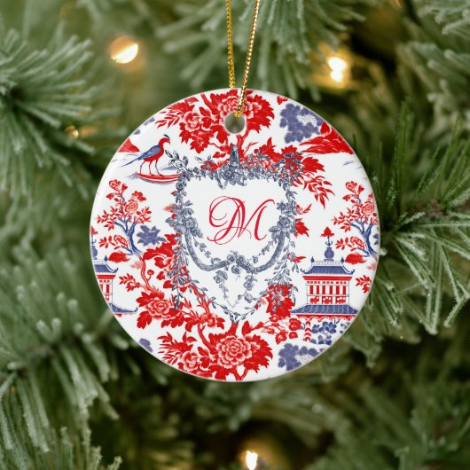 Chinoiserie Delft Frans rood blauw monogram Keramisch Ornament (Boom)