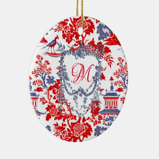 Chinoiserie Delft Frans rood blauw monogram Keramisch Ornament (Rechts)