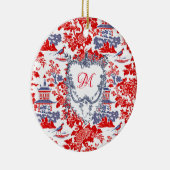 Chinoiserie Delft Frans rood blauw monogram Keramisch Ornament (Rechts)