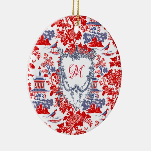 Chinoiserie Delft Frans rood blauw monogram Keramisch Ornament (Rechts)