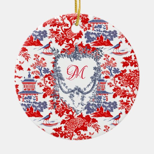 Chinoiserie Delft Frans rood blauw monogram Keramisch Ornament (Voorkant)