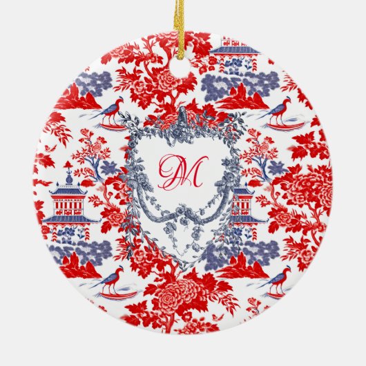  Chinoiserie Delft Frans rood blauw monogram Keramisch Ornament (Achterkant)