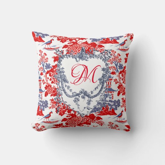 Chinoiserie Delft Frans rood blauw monogram Kussen (Voorkant)