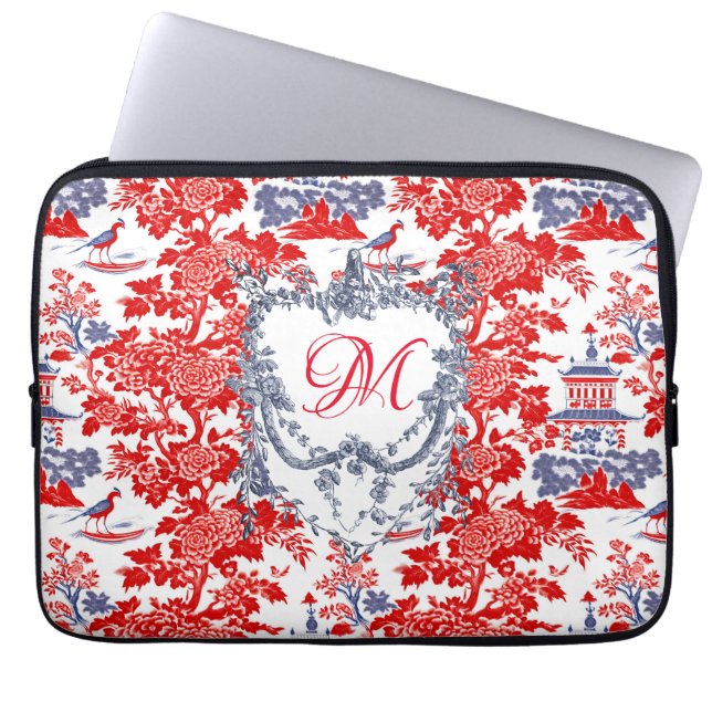  Chinoiserie Delft Frans rood blauw monogram Laptop Sleeve (Voorkant)