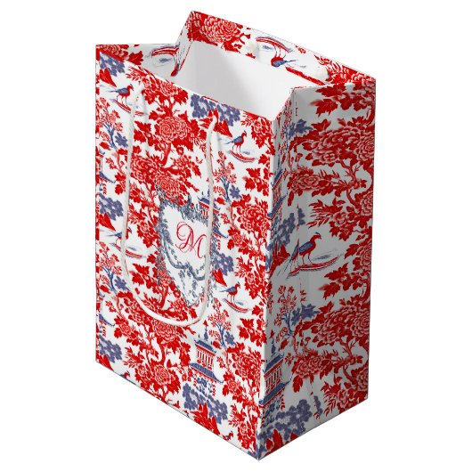 Chinoiserie Delft Frans rood blauw monogram Medium Cadeauzakje (Voorkant Gekanteld)
