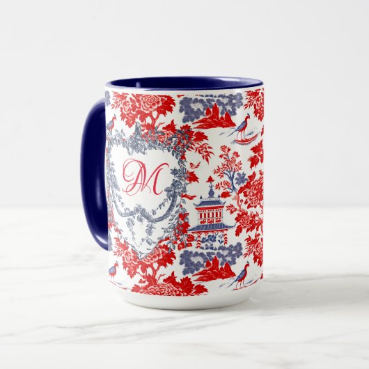 Chinoiserie Delft Frans rood blauw monogram Mok (Voorkant links)