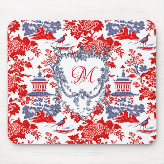 Chinoiserie Delft Frans rood blauw monogram Muismat (Voorkant)