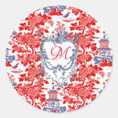 Chinoiserie Delft Frans rood blauw monogram Ronde Sticker (Voorkant)