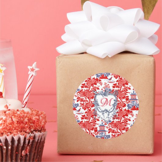  Chinoiserie Delft Frans rood blauw monogram Ronde Sticker (Feest)