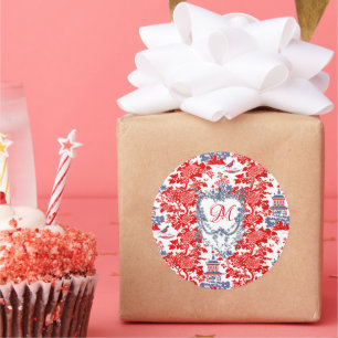  Chinoiserie Delft Frans rood blauw monogram Ronde Sticker