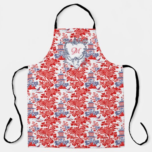  Chinoiserie Delft Frans rood blauw monogram Schort (Voorkant)